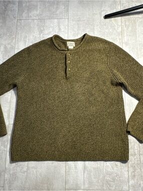 L.L. Bean Men's Olive Crewneck Henley Sweater cotton roll neck fisherman L